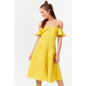 Yellow Off Shoulder Button Down Linen Dress with Pockets